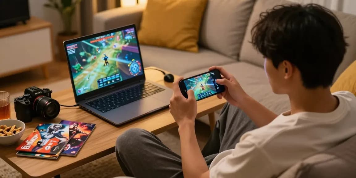 Engaged player enjoying a mobile porn game on a cozy sofa with vibrant game visuals and snacks.