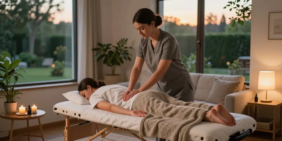 Relaxing 안양출장안마 session in a serene home setting with massage therapist and calming ambiance.