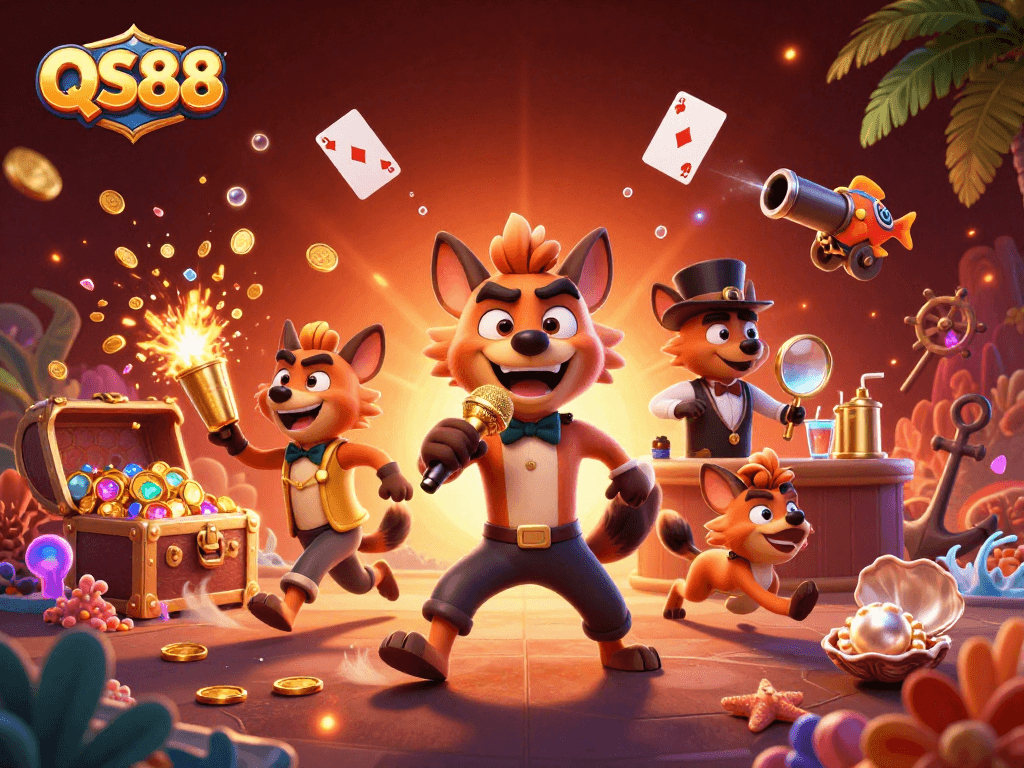 Experience excitement at QS88 Casino with hyenas, laughter, and bright gaming action.