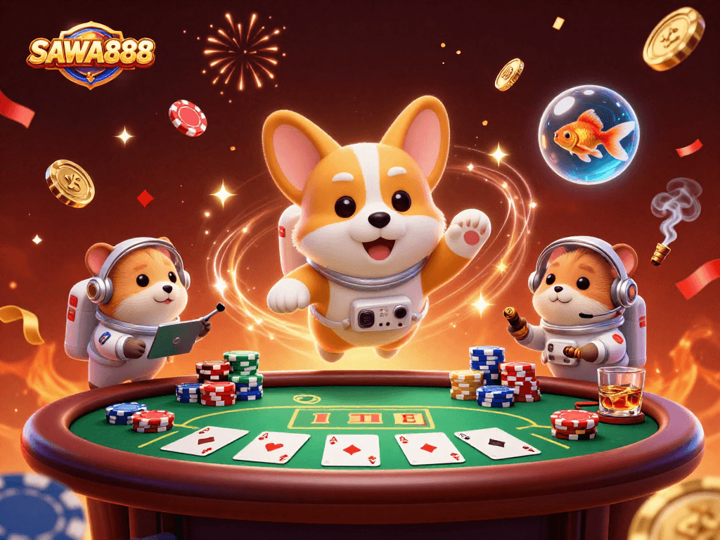Experience the excitement at SAWA888 casino with a floating astronaut corgi and mission-control hamster.