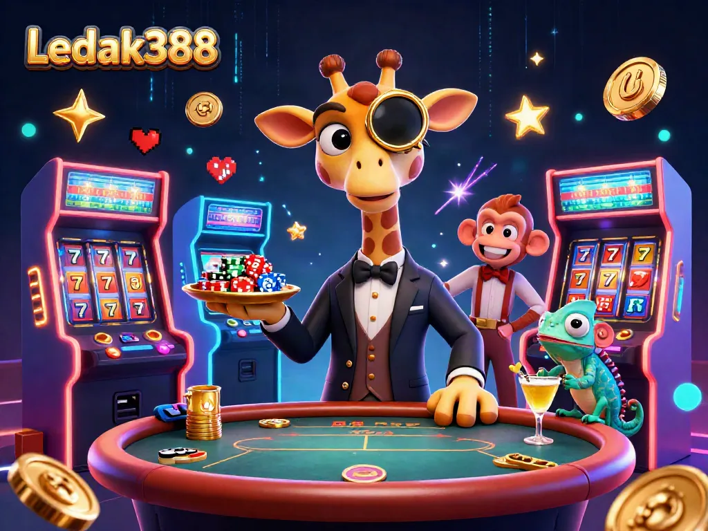 Experience exciting gambling at Ledak388 with vibrant characters and immersive casino game elements.