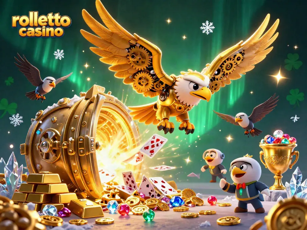 Experience the excitement of rolletto casino with a diving eagle among vibrant casino treasures.