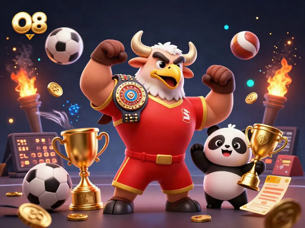 Win big with O8's online gaming excitement showcasing trophy celebrations and sports betting.