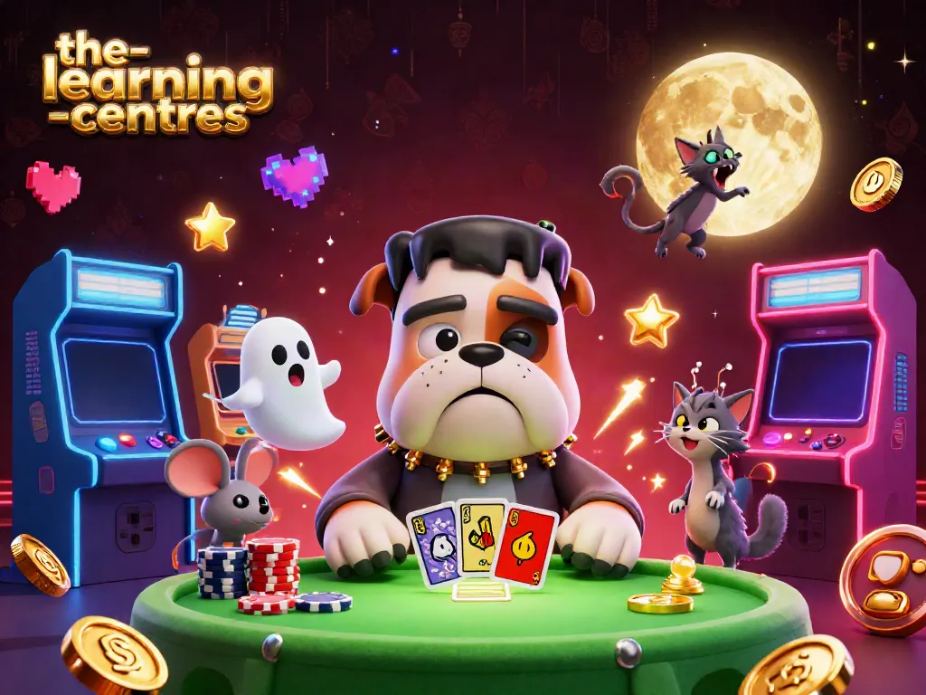The-learning-centres showcases a vibrant 3D casino scene with a bulldog monster dealing cards.