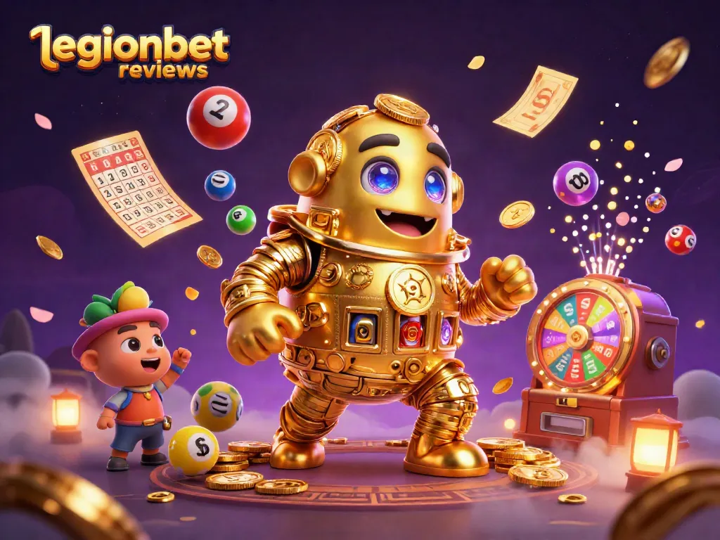 Engage with legionbet reviews through a vibrant 3D illustration of gaming elements, including lottery and prizes.