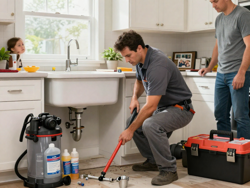 Expert technician showcasing drain cleaning Fort Worth techniques in a residential kitchen, ensuring effective plumbing solutions.