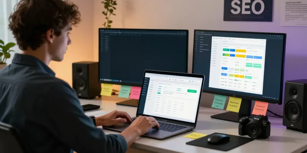 Professional workspace for instant indexing strategies with a user analyzing SEO tools.