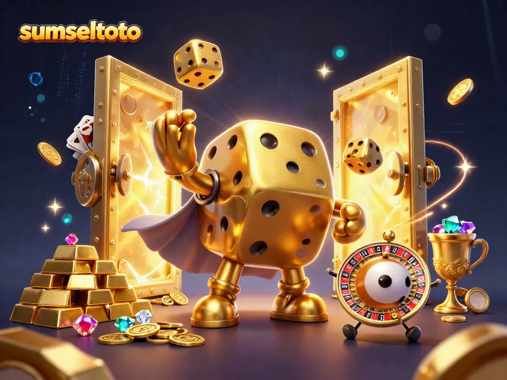 Experience the excitement of sumseltoto with a cartoon-style dice golem juggling golden dice amidst casino treasures.