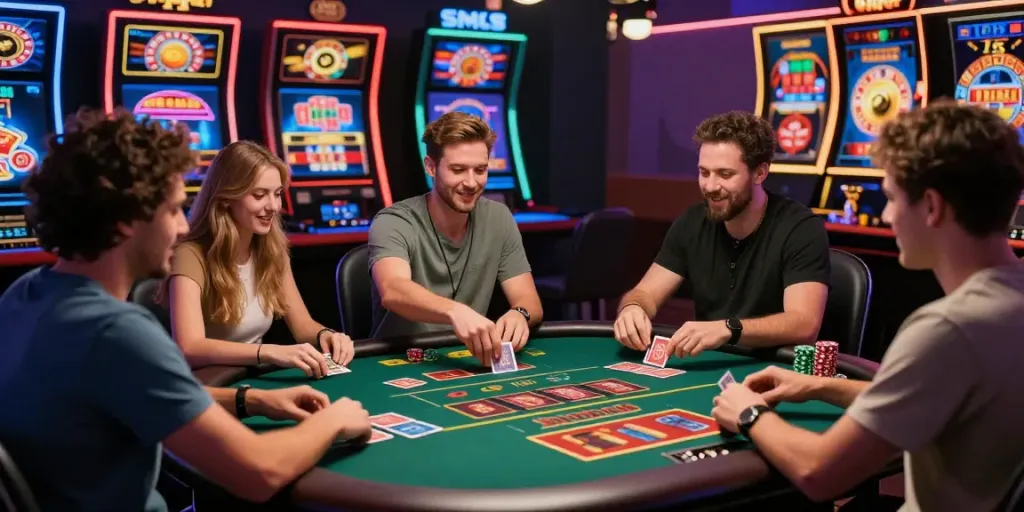 SIN88 online gaming scene with diverse players at a virtual casino table, highlighting excitement and engagement in 2026.