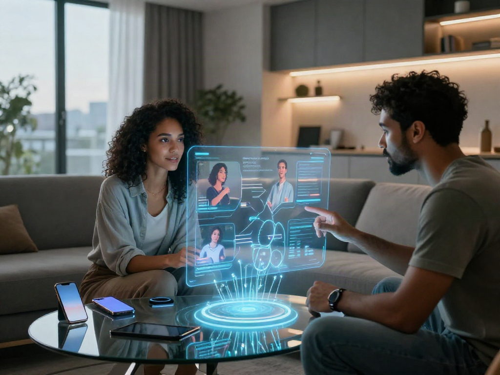 Couple exploring sex AI technology in a modern living room setting
