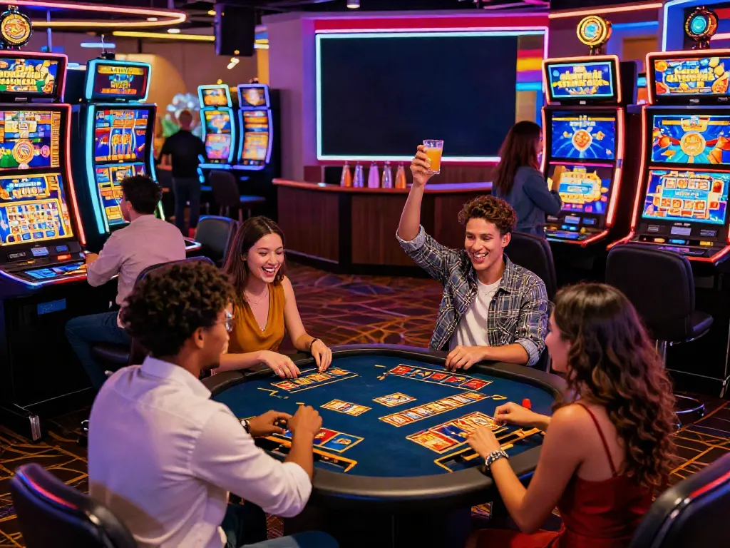 Excited players celebrating a win at a vibrant casino featuring slots that accept credit cards and lively atmosphere.