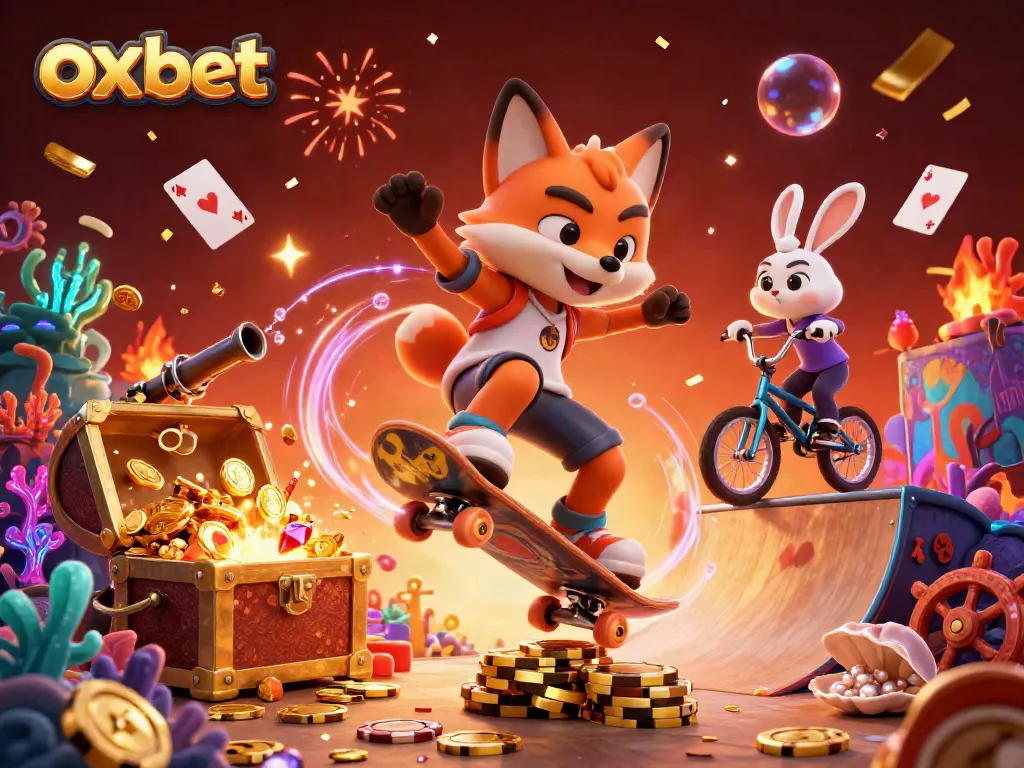 Experience exciting oxbet moments with vibrant cartoon characters surfing through a casino-themed adventure.
