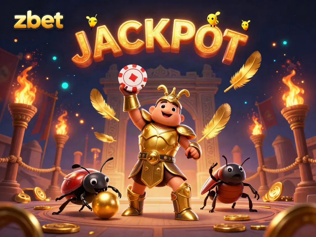 Win big with zbet as our hero beetle celebrates a jackpot victory in a vivid casino scene.