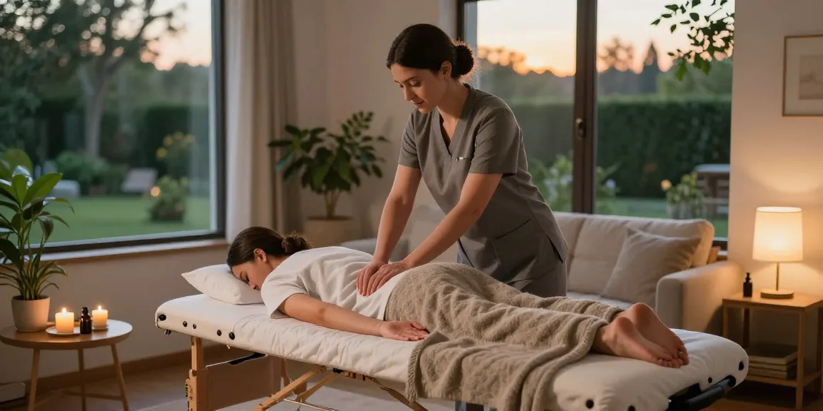 Relaxing 안양출장안마 session in a serene home setting with massage therapist and calming ambiance.