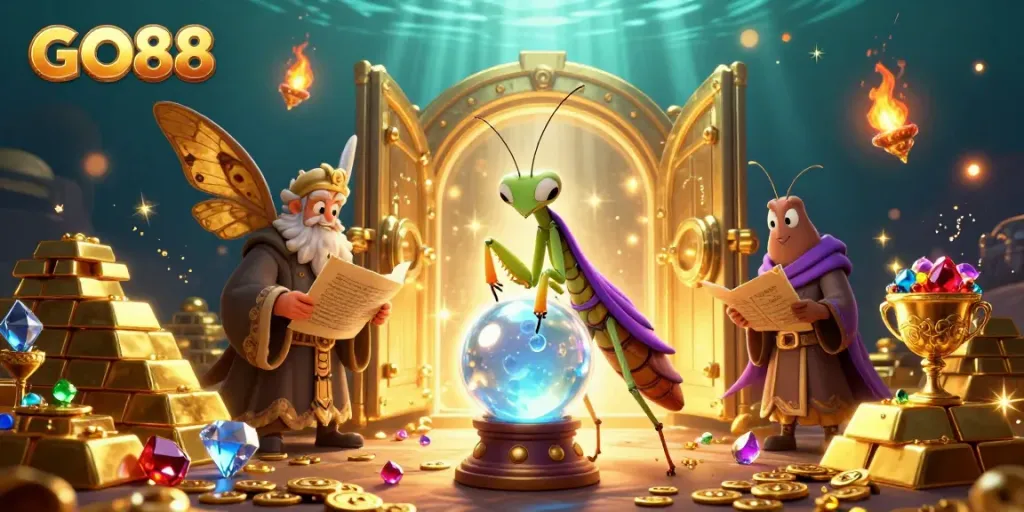 Experience GO88's magical gaming realm with vibrant characters and treasures illuminating the scene.