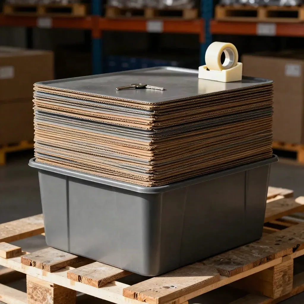Stacked fulfilment bins, carton corners and a tape dispenser on a dark warehouse surface.