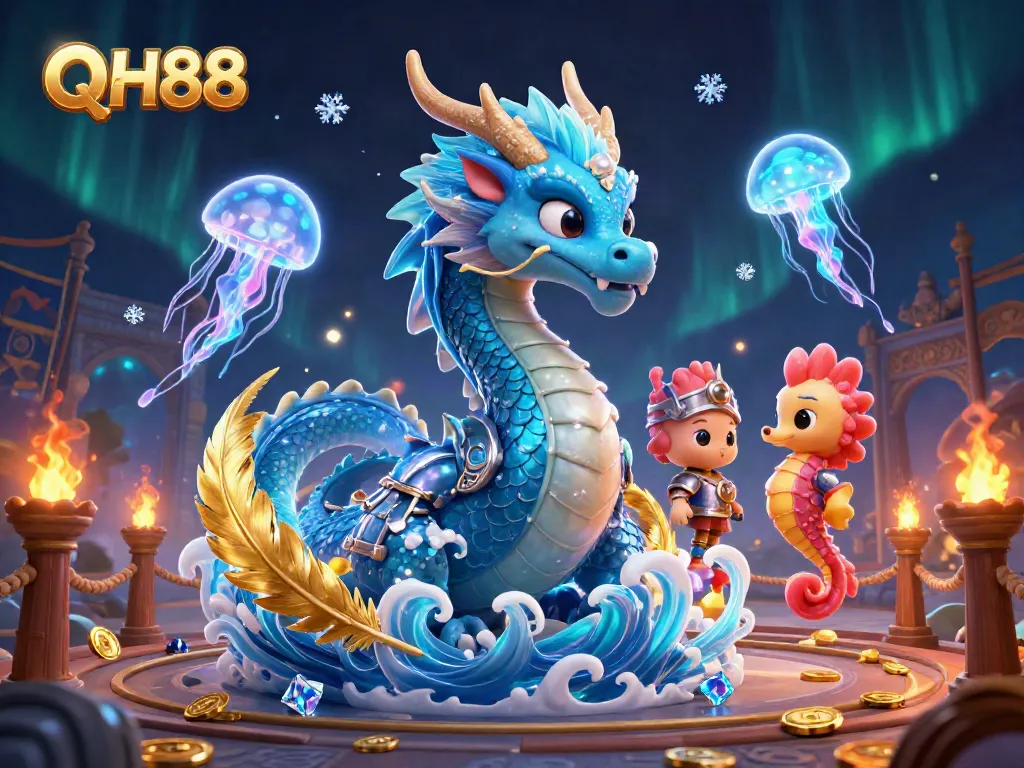 Engage with QH88's dynamic gaming world illustrated by a magical dragon and seahorse knight.