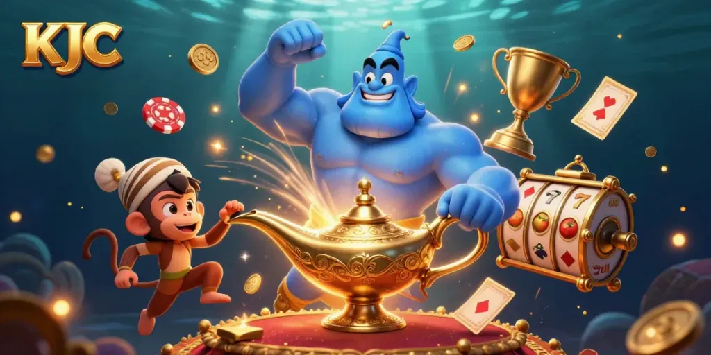 KJC engages players with an energetic 3D illustration showcasing a genie, monkey, and casino themes.