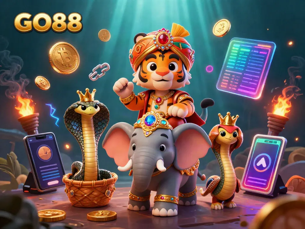 Experience the excitement of GO88 with a vibrant 3D scene featuring a maharaja riding an elephant amidst glowing crypto coins.