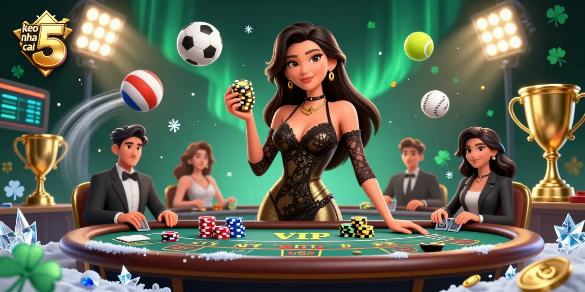 Engage with keo nha cai 5 through an electrifying VIP baccarat scene showcasing golden chips and sports betting excitement.