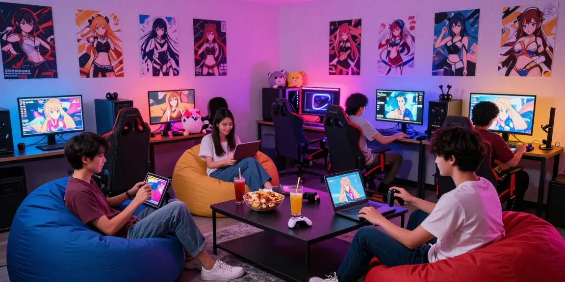 Friends enjoying a hentai game together in a vibrant gaming lounge.