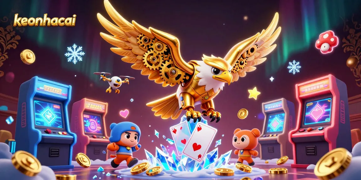 Engaging keonhacai illustration with a cybernetic eagle and vibrant casino elements.