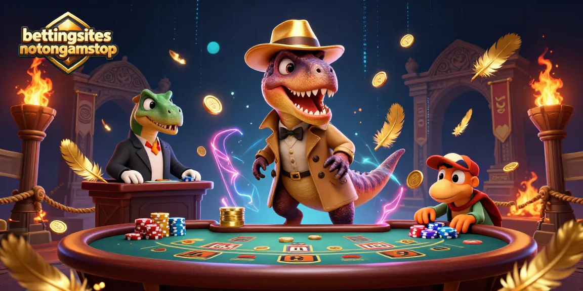 Experience exciting action at bettingsitesnotongamstop with vibrant animated dinosaurs, chips, and casino elements.