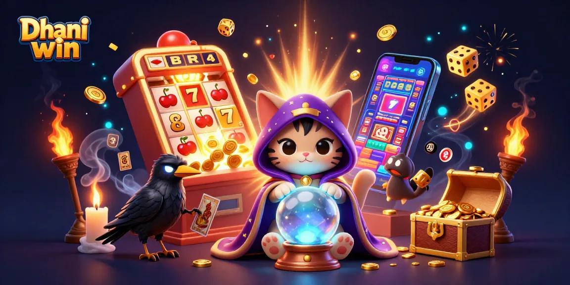 Dhani win offers thrilling jackpots with a lively 3D scene featuring a mystic cat and a tarot raven.