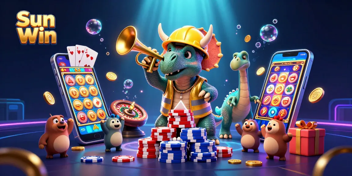 Experience Sun Win with a dynamic casino scene featuring a triceratops building poker chip pyramids and celebration by a parasaurolophus.