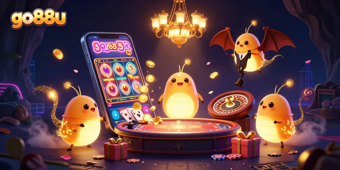 Experience the excitement of go88u with glowworms illuminating a casino scene filled with games and rewards.