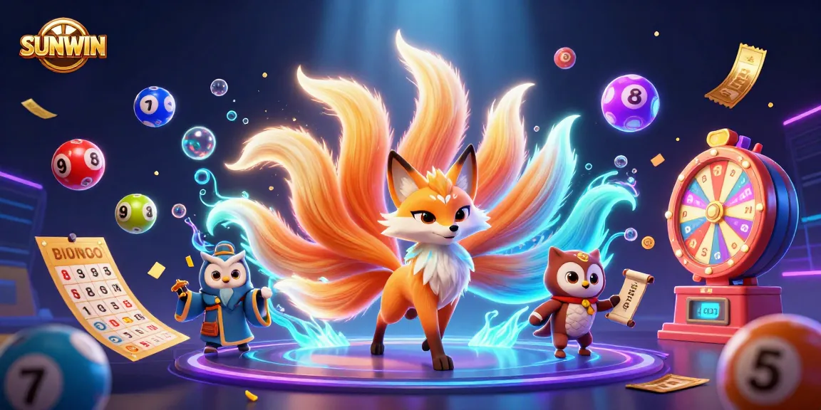 SUNWIN showcases a vibrant nine-tailed fox spirit, owl sage, and lottery fun in a colorful gaming atmosphere.