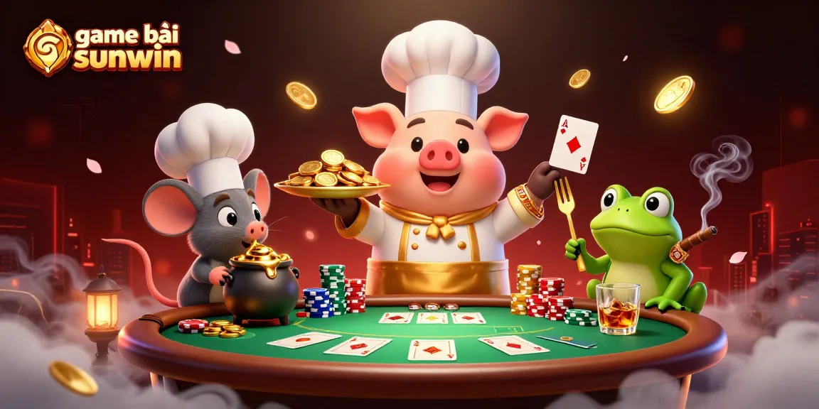Engage with game bài sunwin in a vibrant, 3D casino scene featuring gourmet gold coins, poker cards, and whimsical characters.