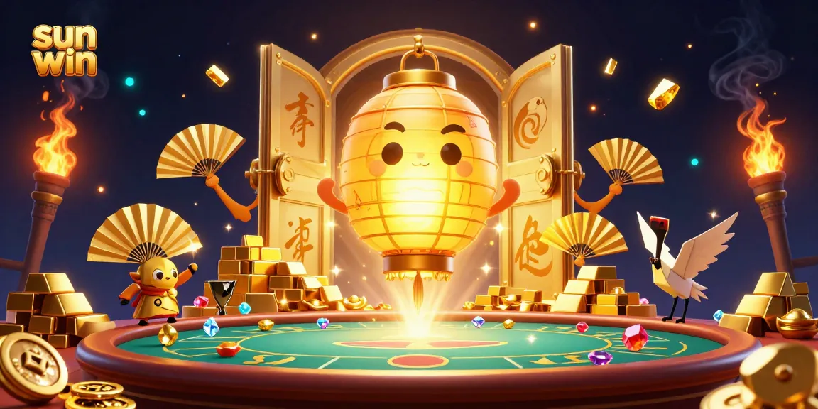 Spin and win at sun win, a magical casino scene with treasures and golden characters.