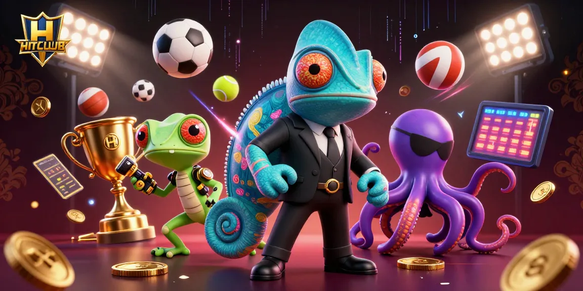 HITCLUB showcases vibrant sports action with a chameleon agent, gecko genius, and octopus villain in dynamic casino scene.